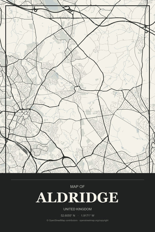 Aldridge, United Kingdom City Map Aluminum Sign in Museum Plaque style