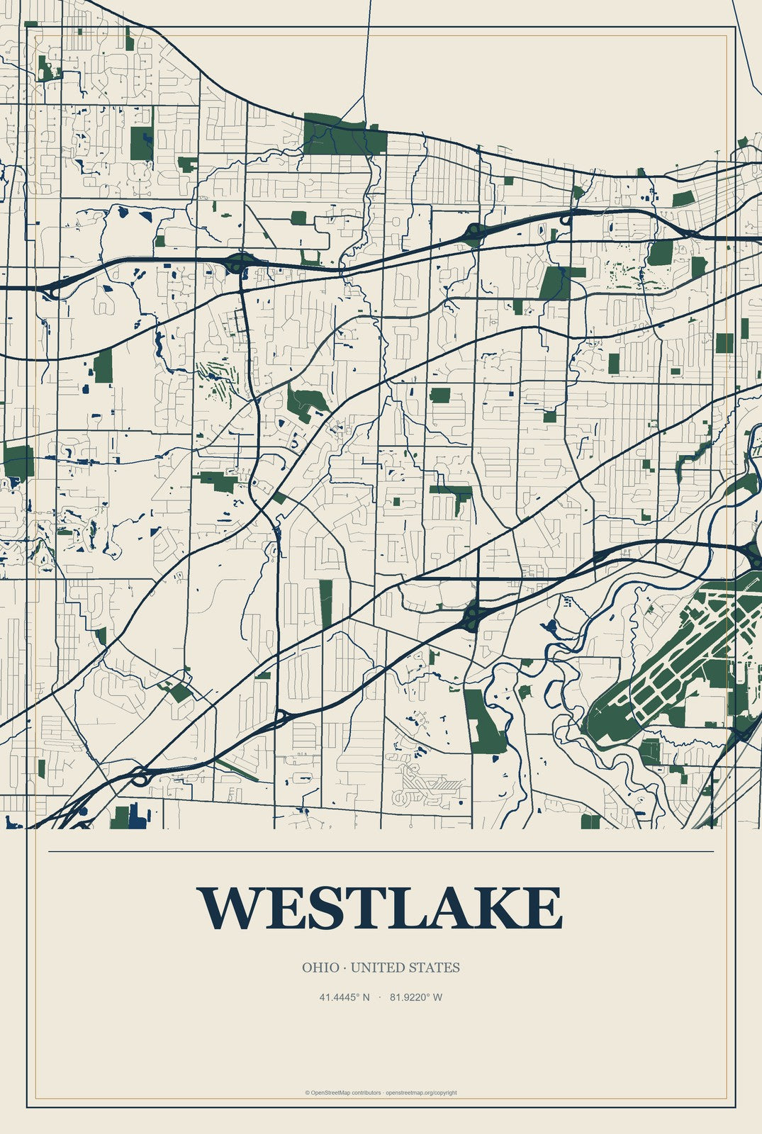 Westlake, Ohio City Map Aluminum Sign in Coastal Cutout style