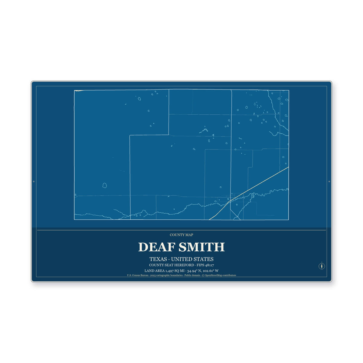 Deaf Smith County, Texas Map Aluminum Sign in Harbor Cobalt style