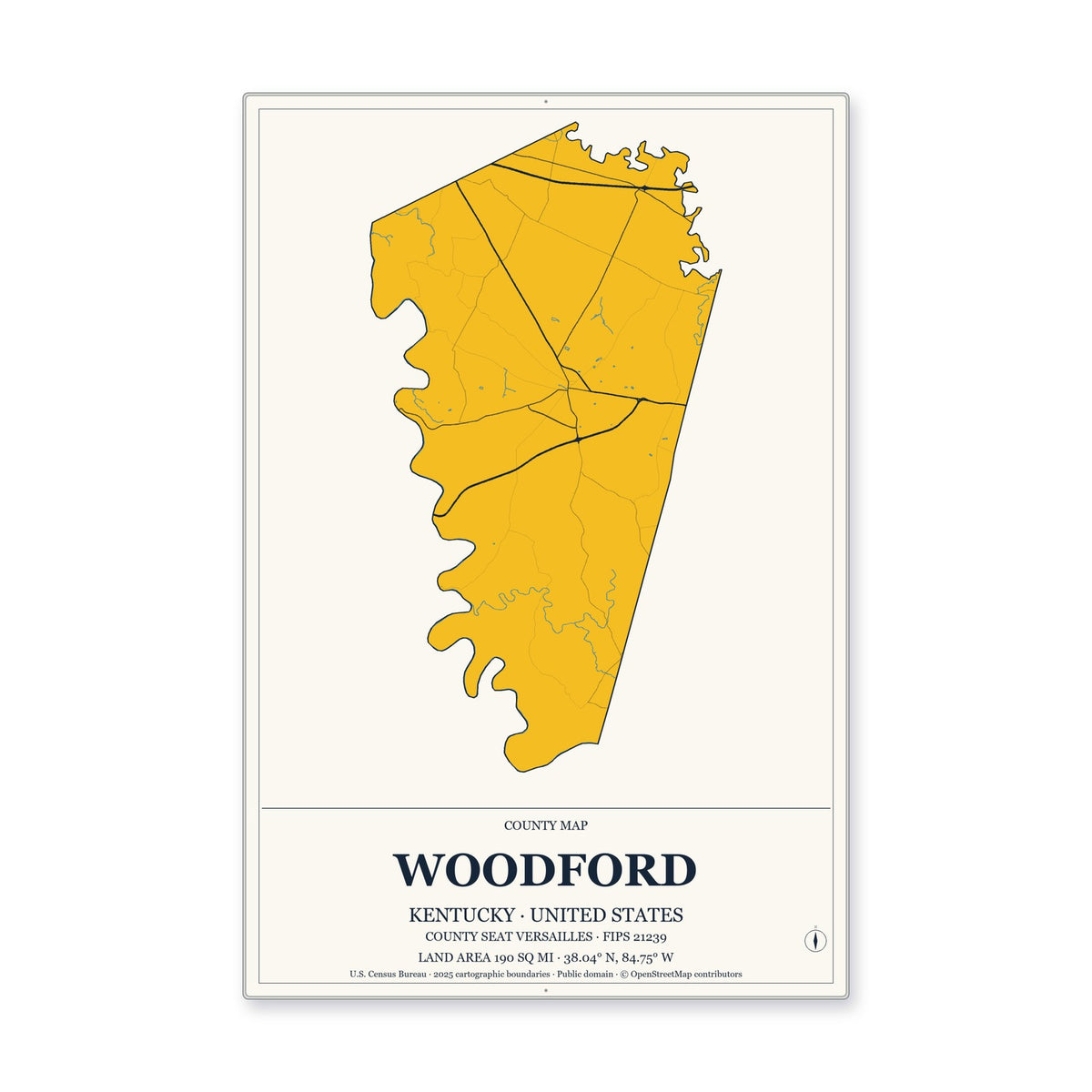 Woodford County, Kentucky Map Aluminum Sign in Citrine Modern style