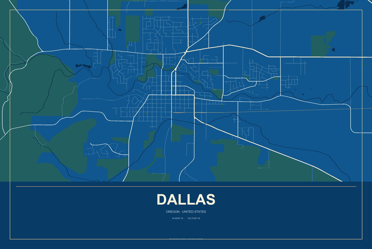 Dallas, Oregon City Map Aluminum Sign in Harbor Cobalt style