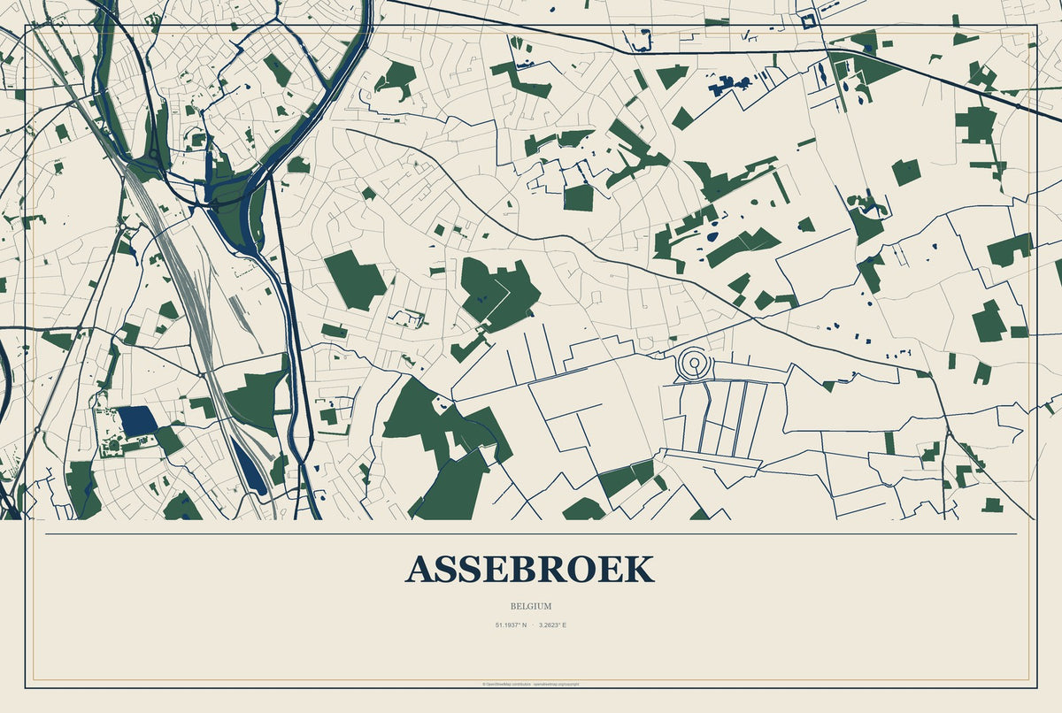 Assebroek, Belgium City Map Aluminum Sign in Coastal Cutout style
