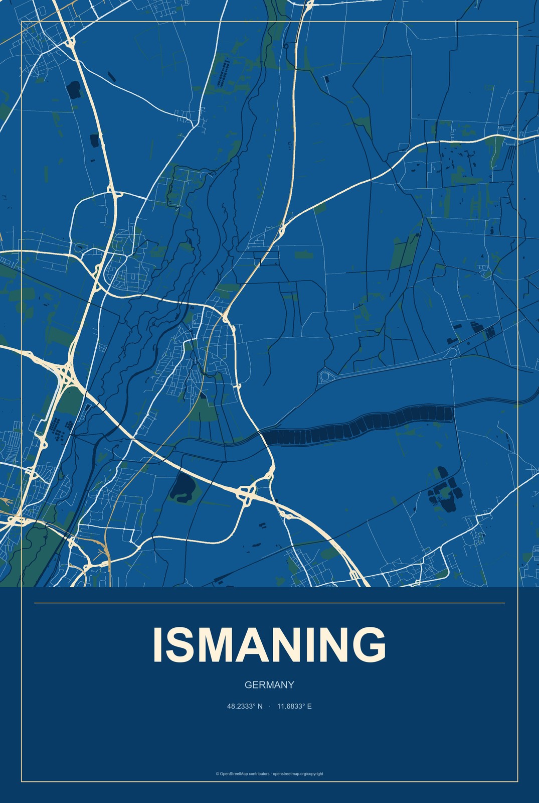 Ismaning, Germany City Map Aluminum Sign in Harbor Cobalt style