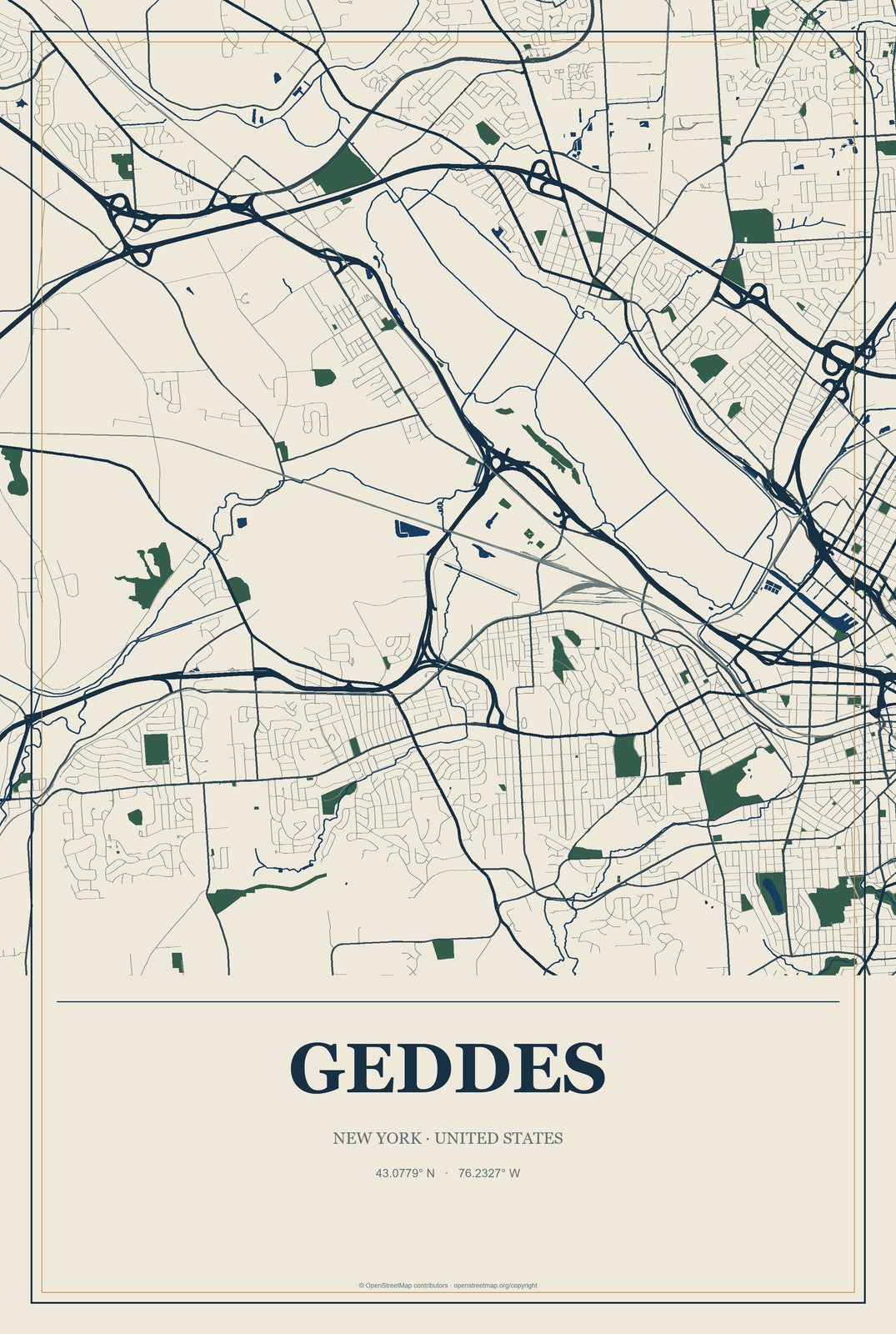 Geddes, New York City Map Aluminum Sign in Coastal Cutout style