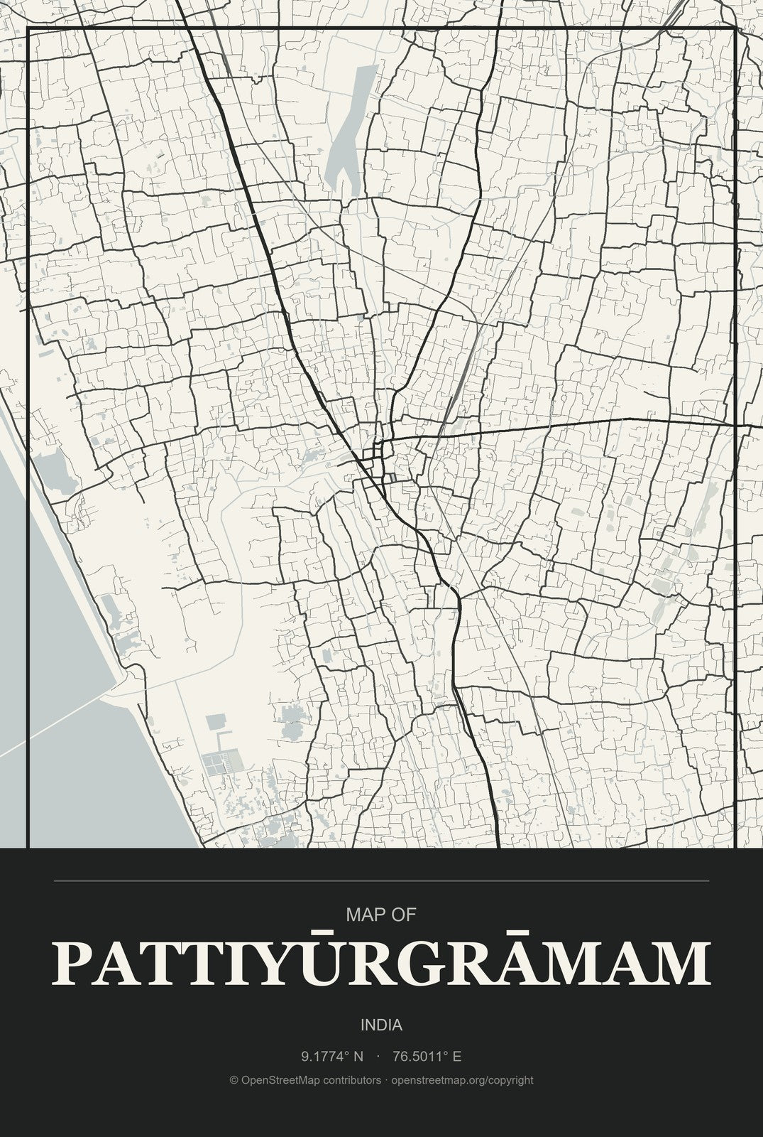 Pattiyūrgrāmam, India City Map Aluminum Sign in Museum Plaque style