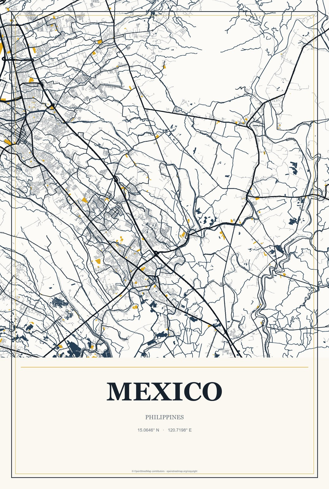 Mexico, Philippines City Map Aluminum Sign in Citrine Modern style