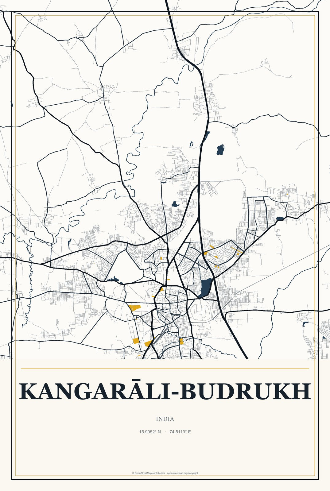 Kangarāli-budrukh, India City Map Aluminum Sign in Citrine Modern style