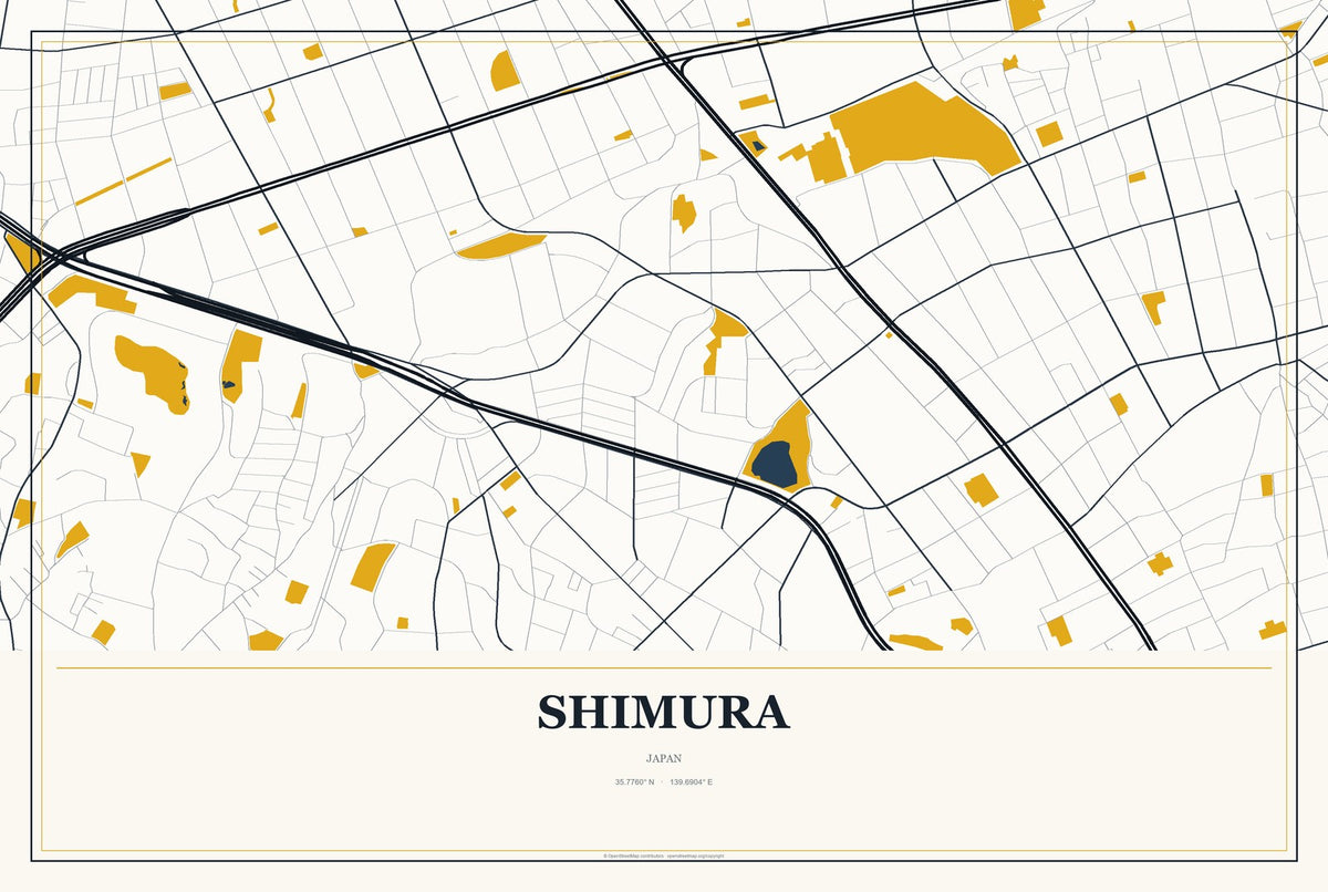 Shimura, Japan City Map Aluminum Sign in Citrine Modern style