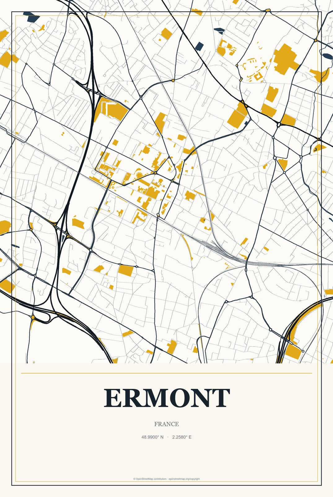 Ermont, France City Map Aluminum Sign in Citrine Modern style