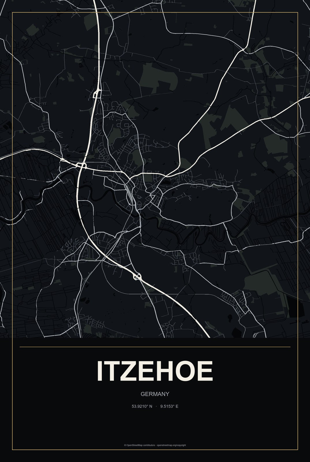 Itzehoe, Germany City Map Aluminum Sign in Metropolitan Noir style