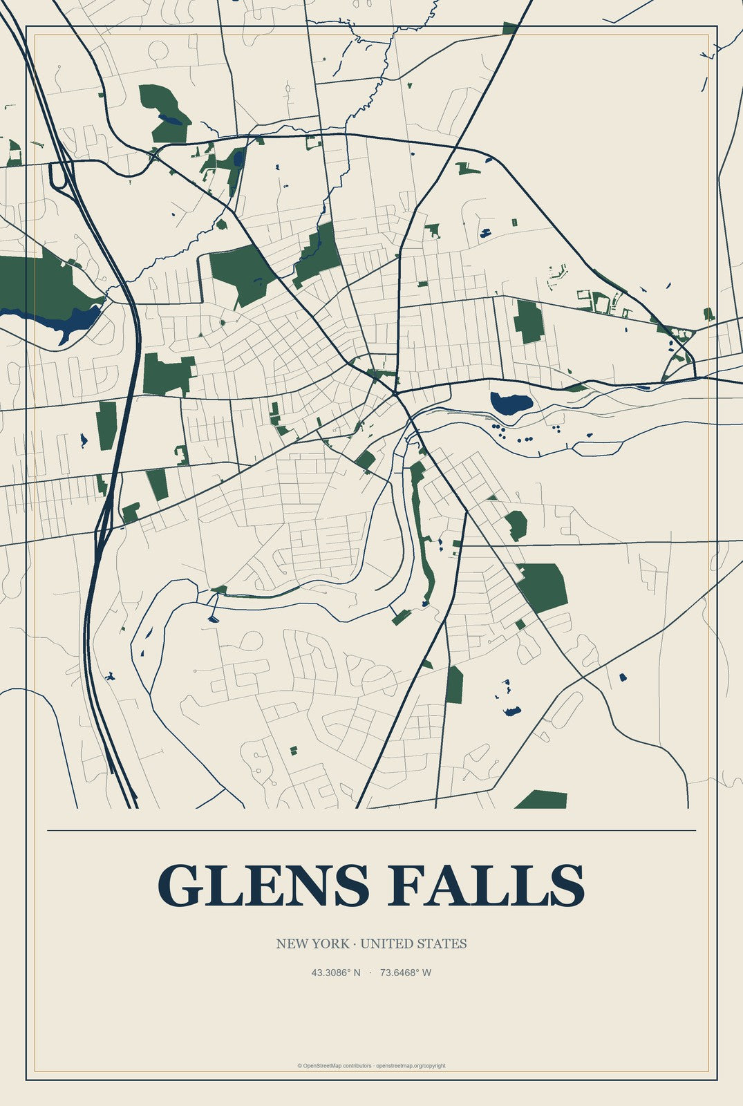 Glens Falls, New York City Map Aluminum Sign in Coastal Cutout style