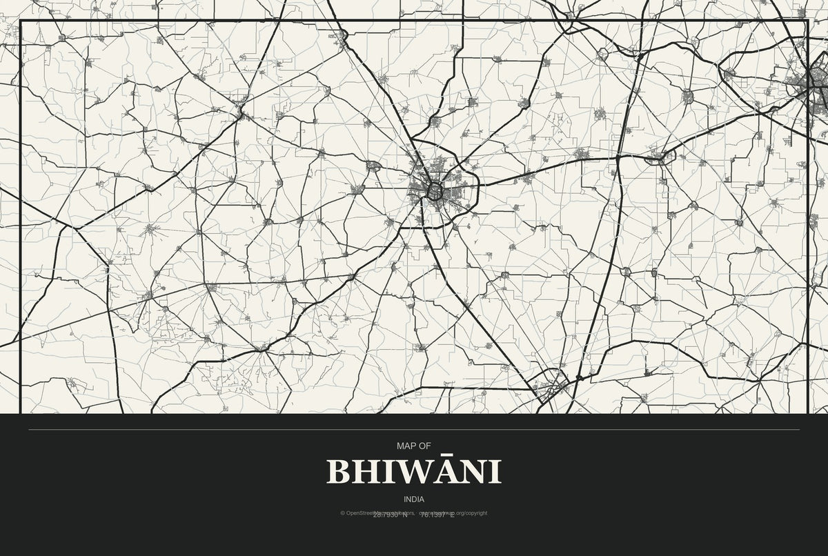 Bhiwāni, India City Map Aluminum Sign in Museum Plaque style