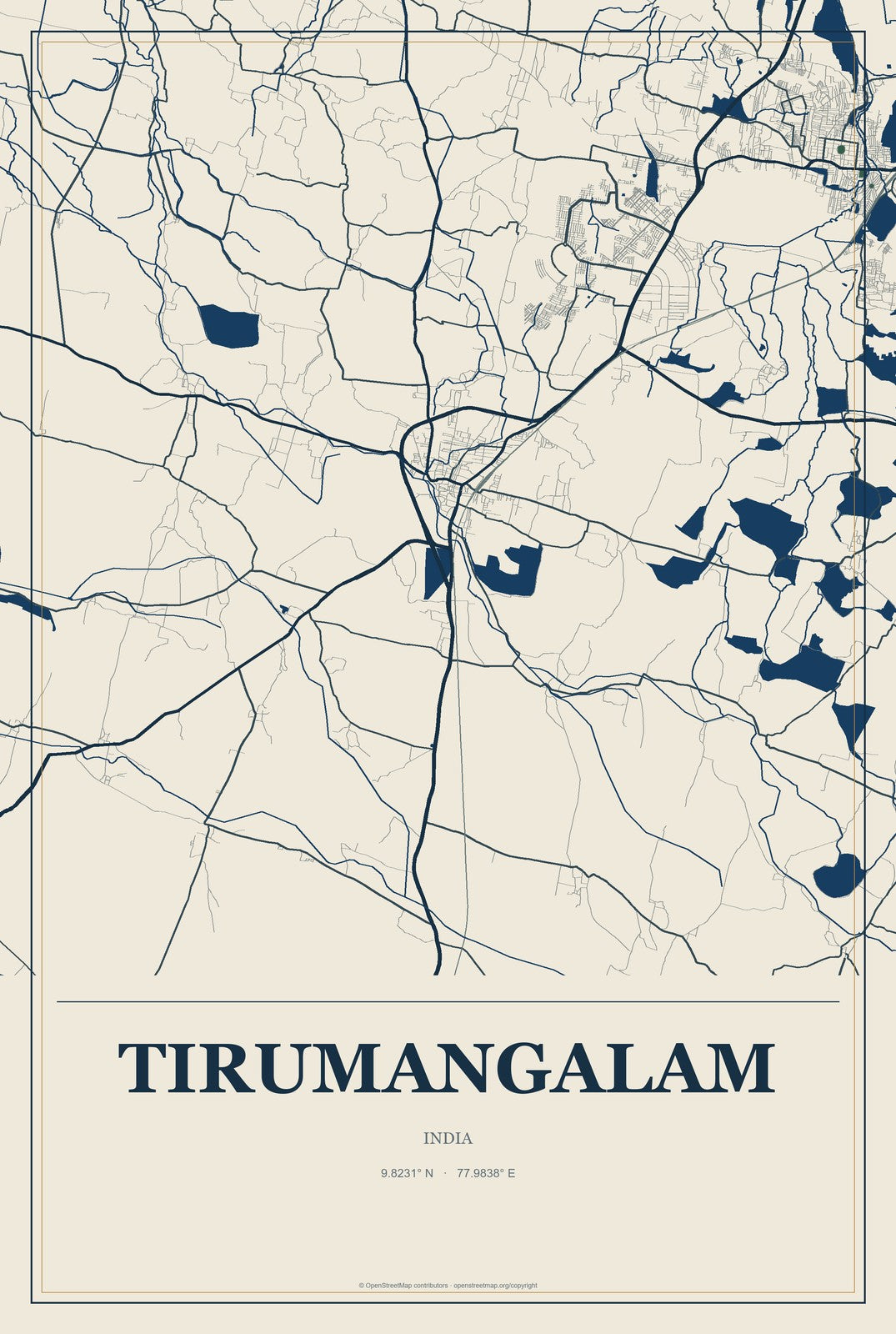 Tirumangalam, India City Map Aluminum Sign in Coastal Cutout style