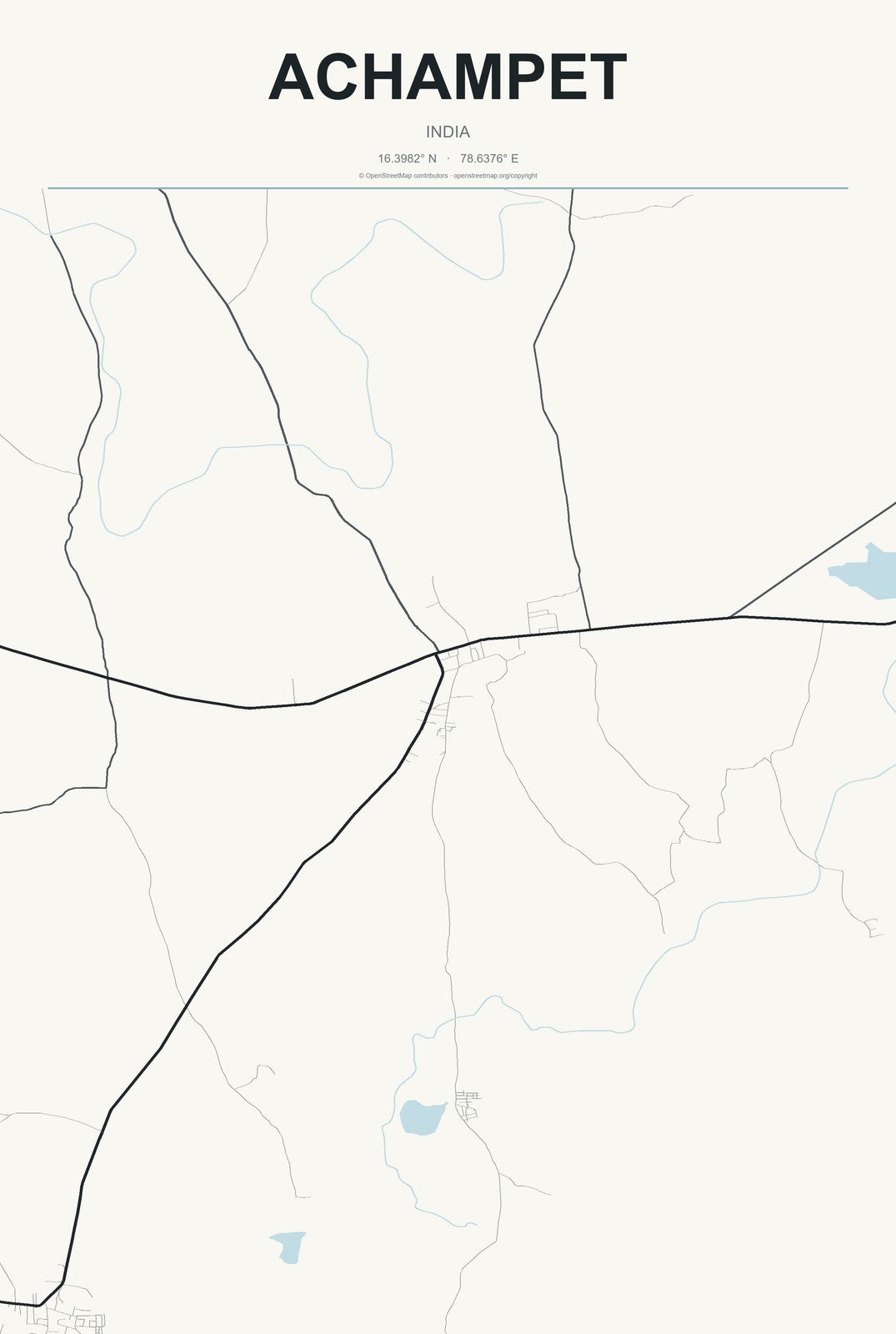 Achampet, India City Map Aluminum Sign in Headline Atlas style