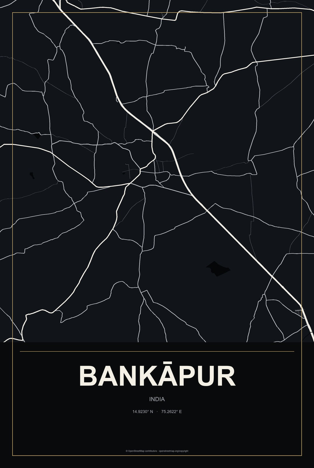 Bankāpur, India City Map Aluminum Sign in Metropolitan Noir style