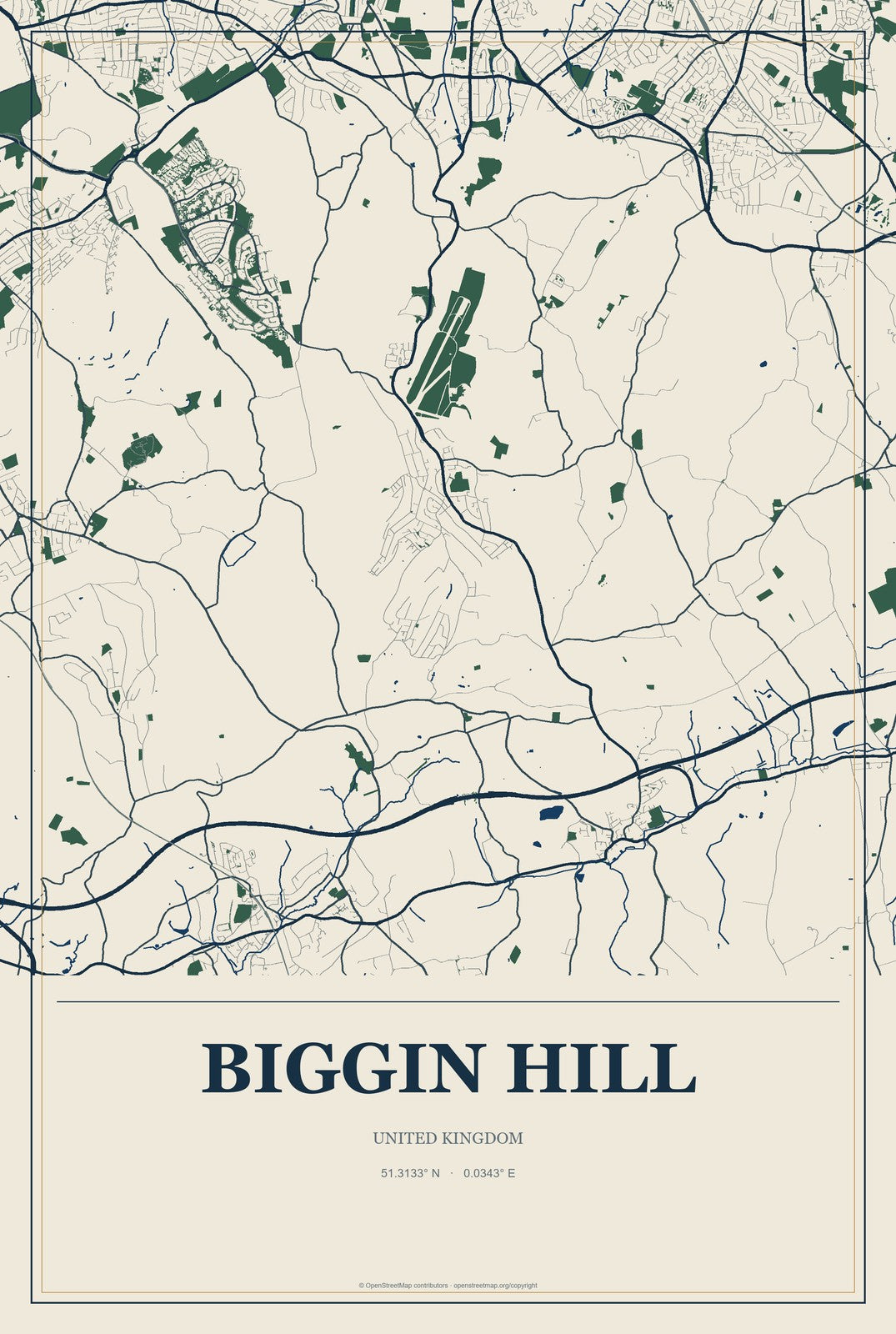 Biggin Hill, United Kingdom City Map Aluminum Sign in Coastal Cutout style
