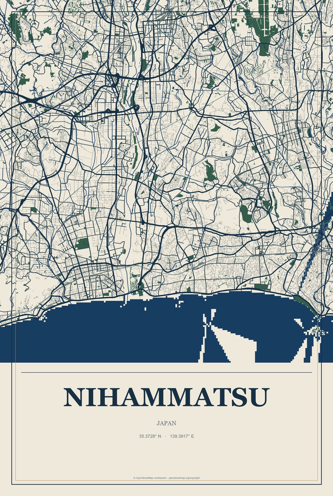 Nihammatsu, Japan City Map Aluminum Sign in Coastal Cutout style