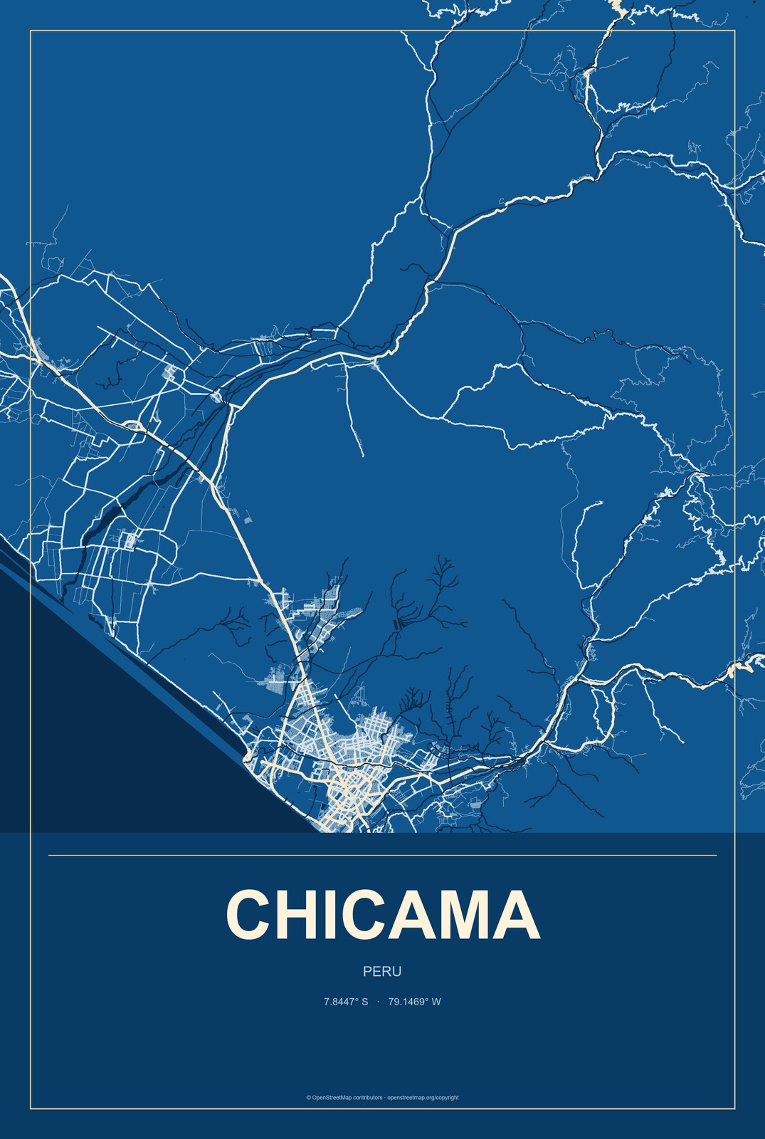 Chicama, Peru City Map Aluminum Sign in Harbor Cobalt style