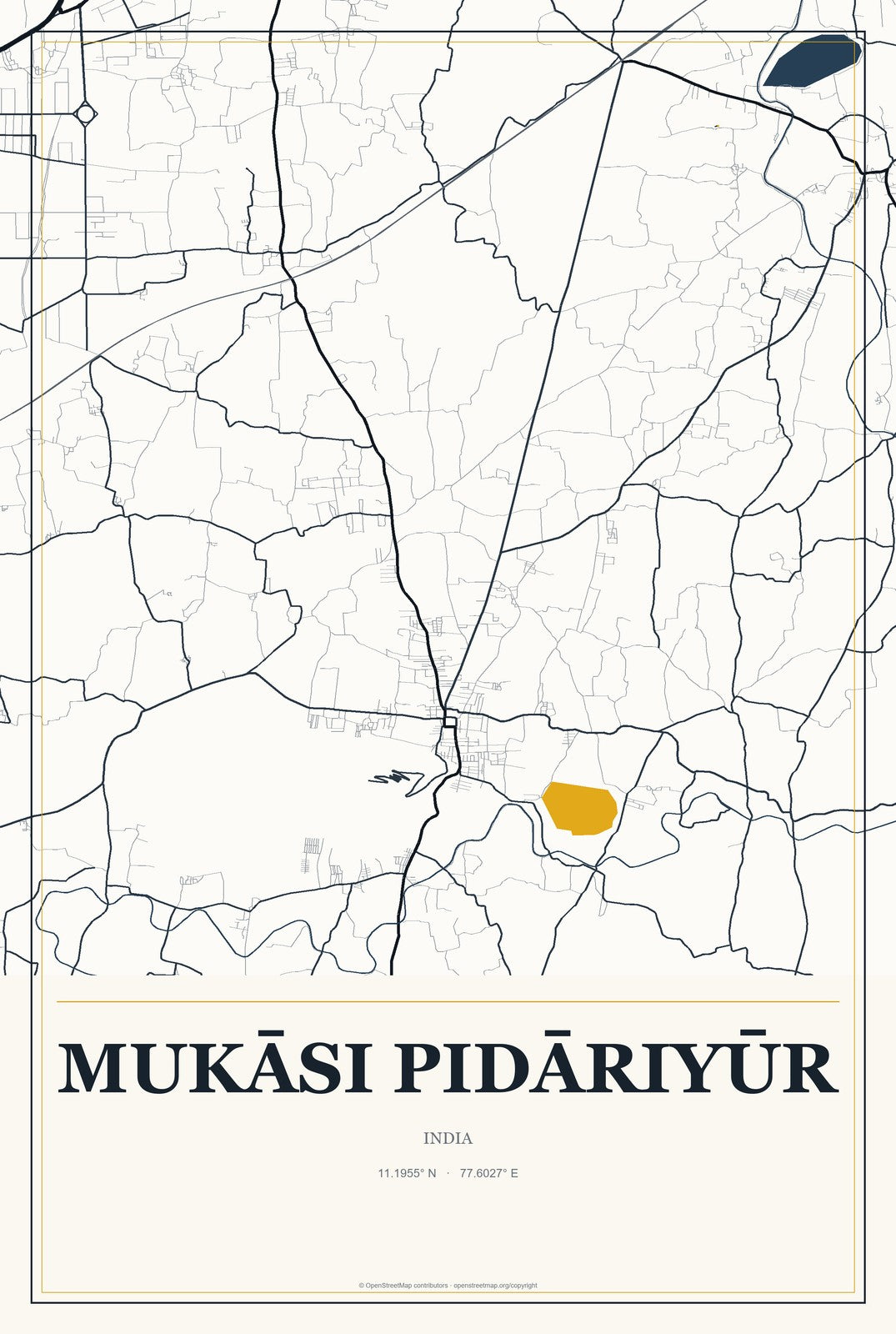 Mukāsi Pidāriyūr, India City Map Aluminum Sign in Citrine Modern style