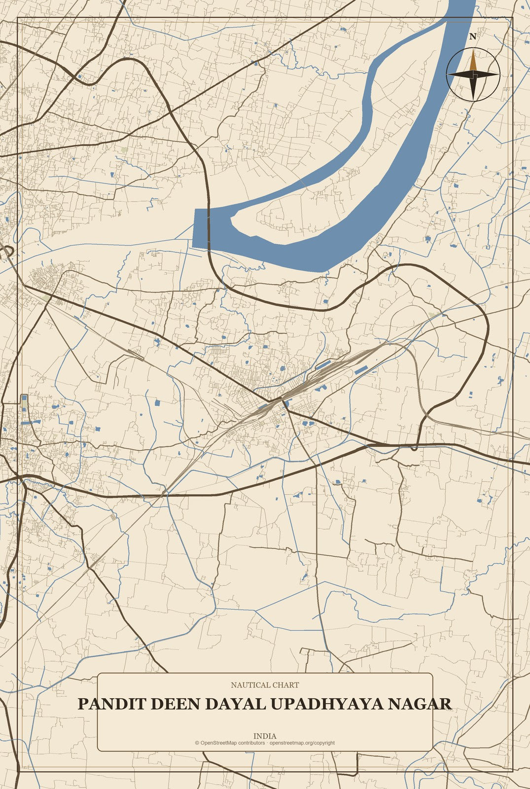 Pandit Deen Dayal Upadhyaya Nagar, India City Map Aluminum Sign in Heritage Nautical style