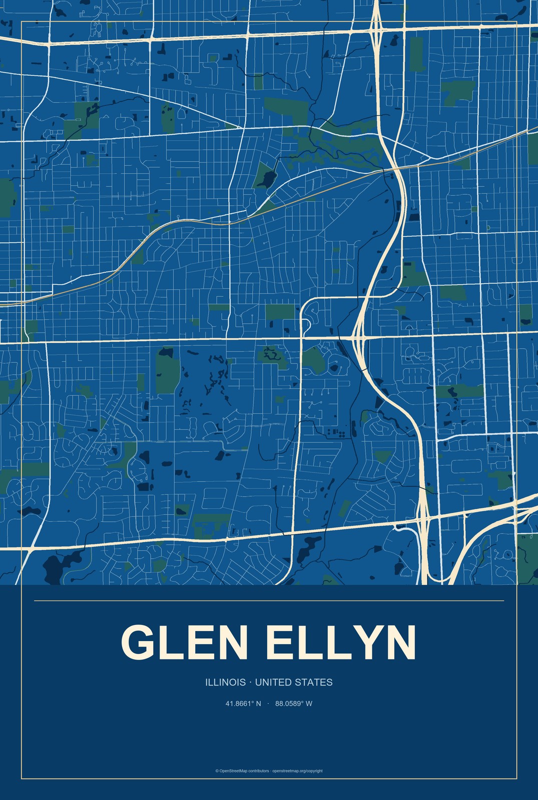 Glen Ellyn, Illinois City Map Aluminum Sign in Harbor Cobalt style