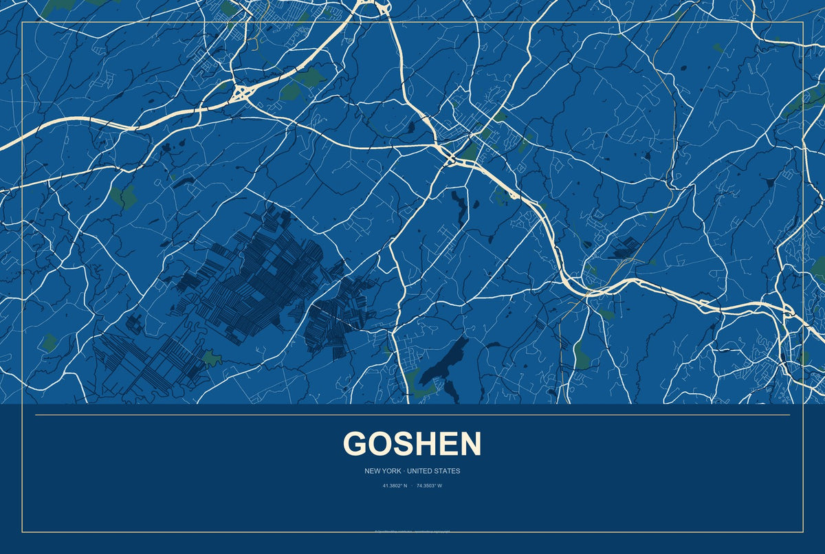 Goshen, New York City Map Aluminum Sign in Harbor Cobalt style
