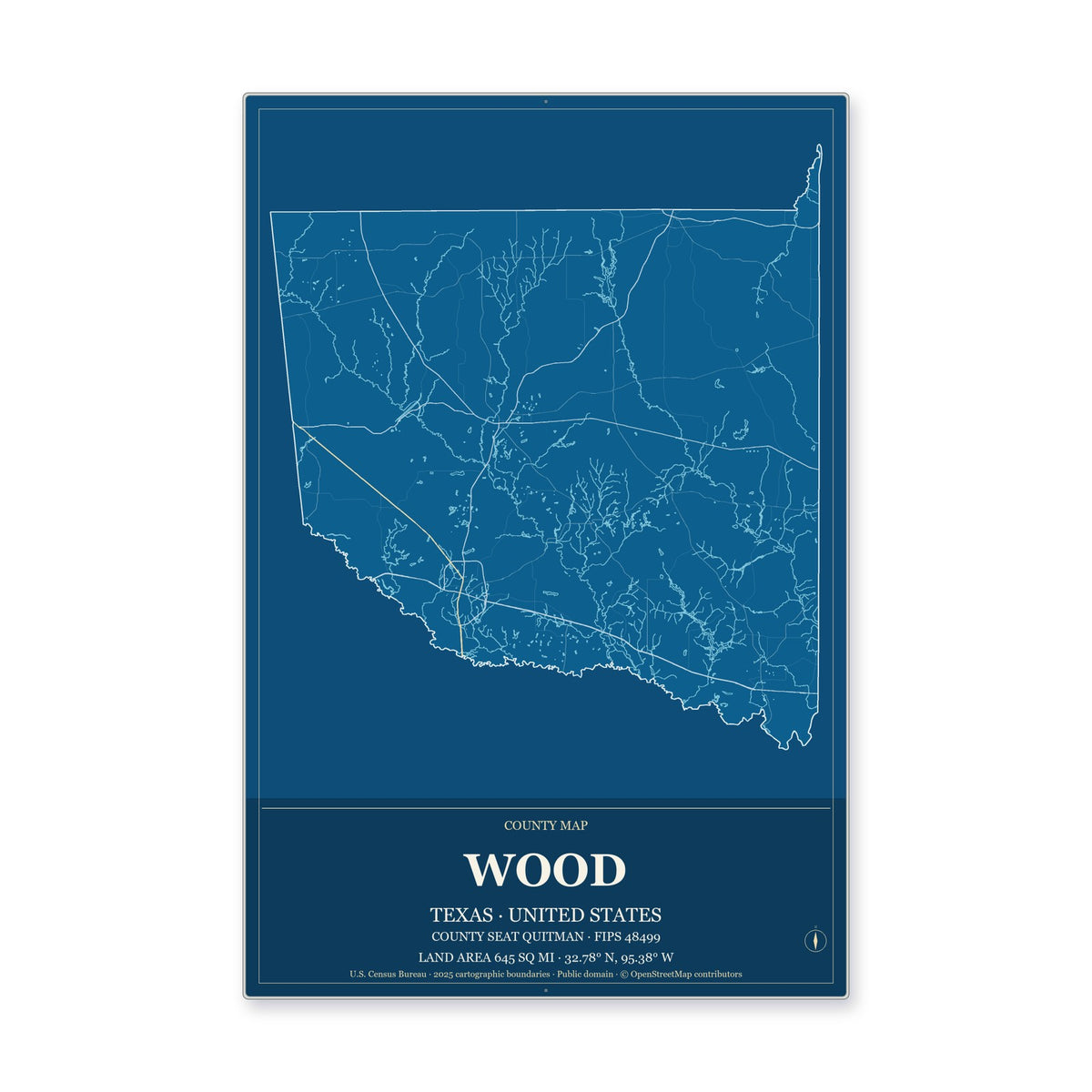 Wood County, Texas Map Aluminum Sign in Harbor Cobalt style