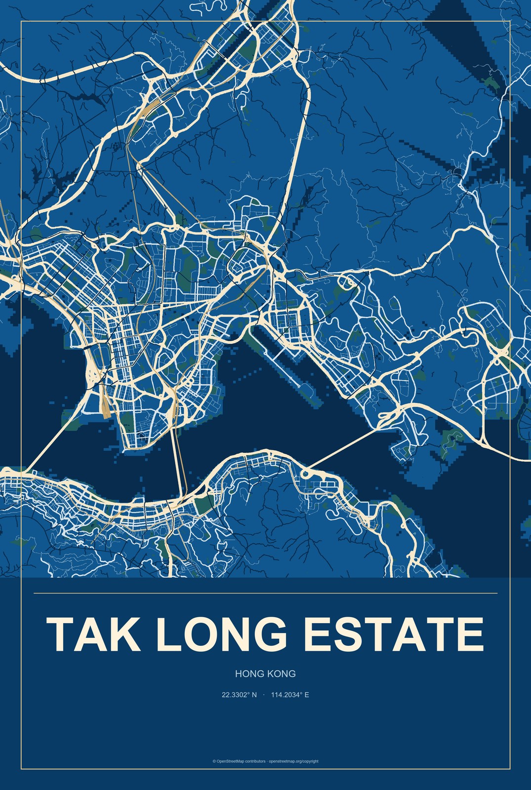 Tak Long Estate, Hong Kong City Map Aluminum Sign in Harbor Cobalt style