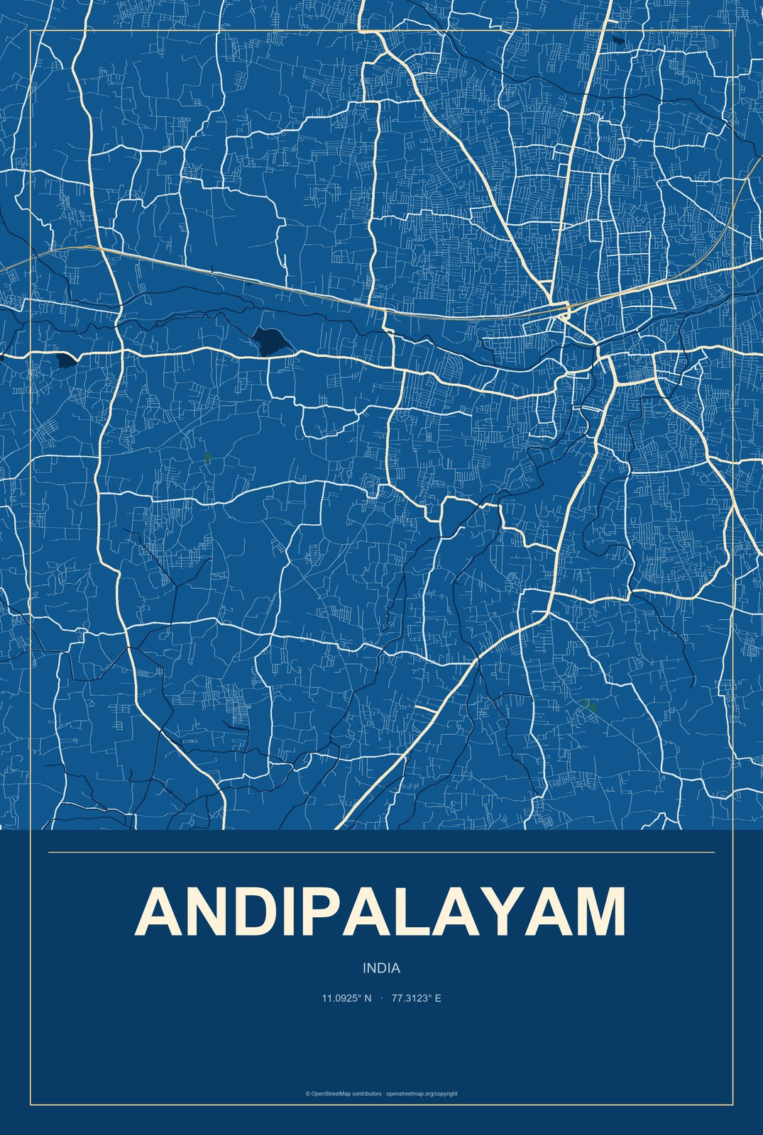 Andipalayam, India City Map Aluminum Sign in Harbor Cobalt style