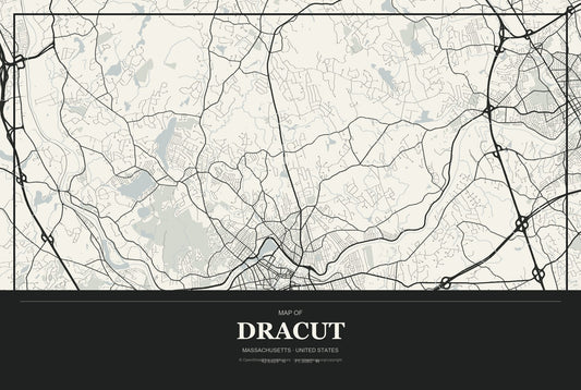 Dracut, Massachusetts City Map Aluminum Sign in Museum Plaque style