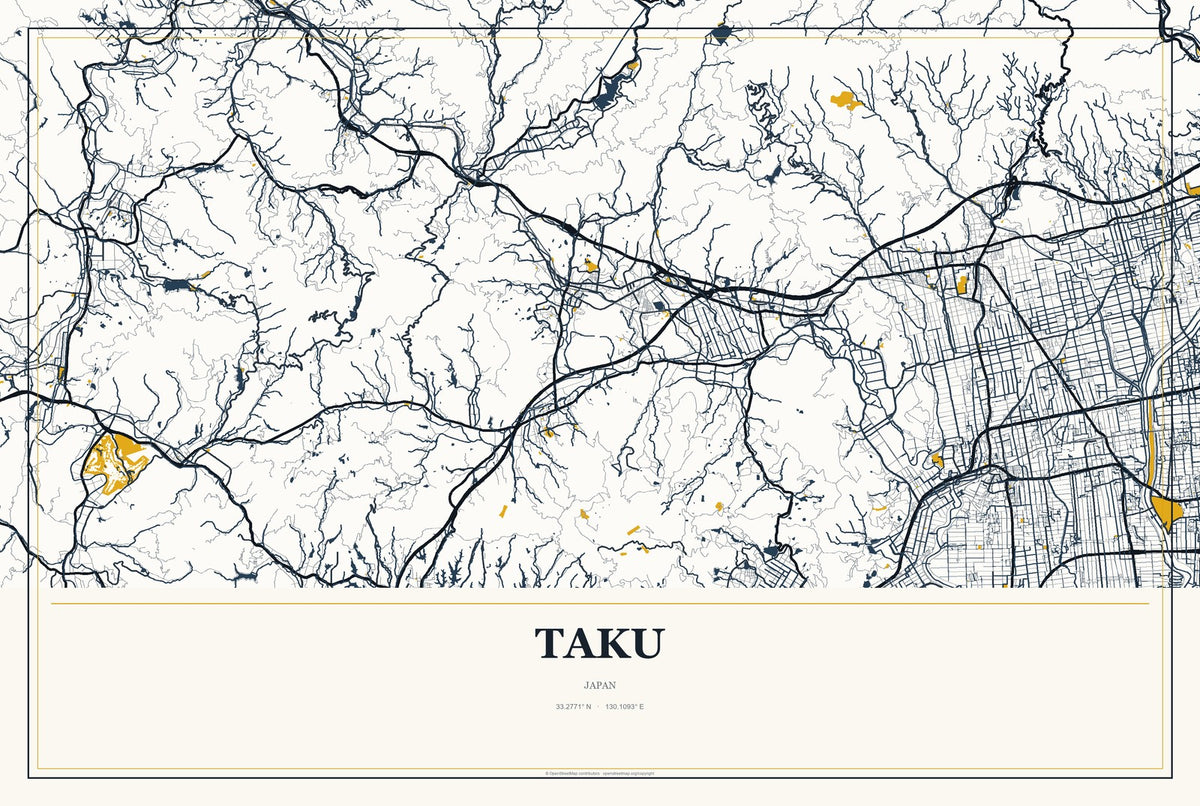 Taku, Japan City Map Aluminum Sign in Citrine Modern style