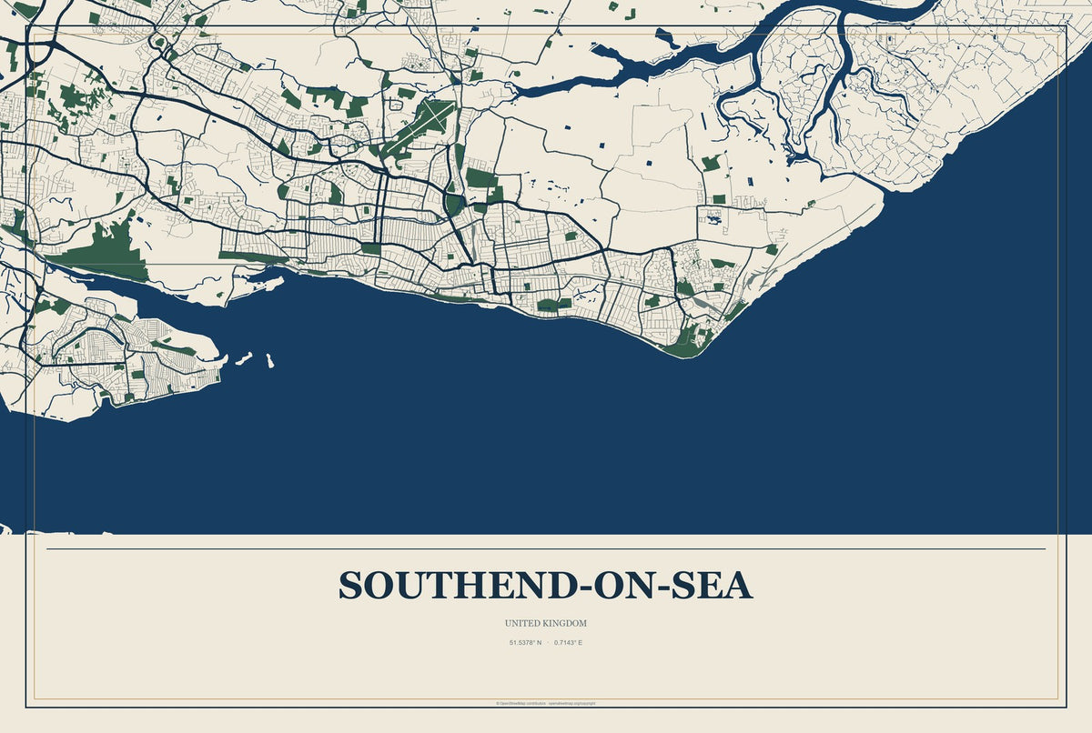 Southend-on-Sea, United Kingdom City Map Aluminum Sign in Coastal Cutout style