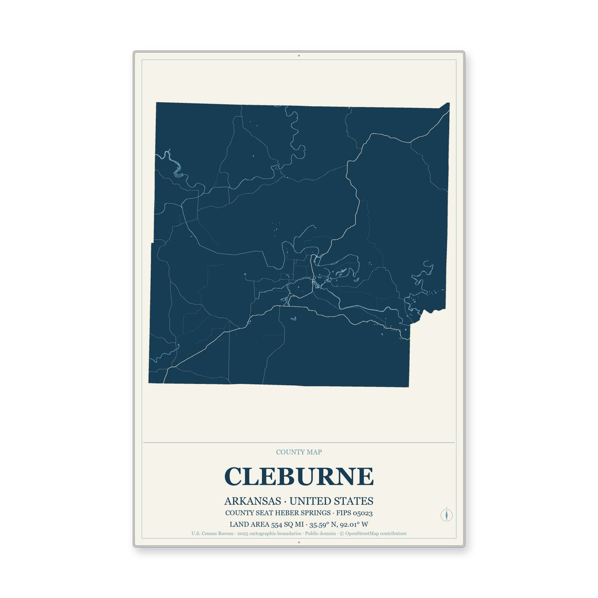 Cleburne County, Arkansas Map Aluminum Sign in Coastal Cutout style