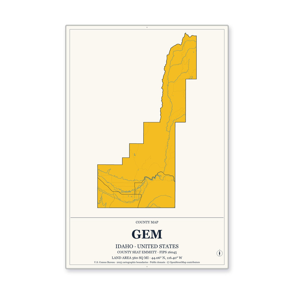 Gem County, Idaho Map Aluminum Sign in Citrine Modern style
