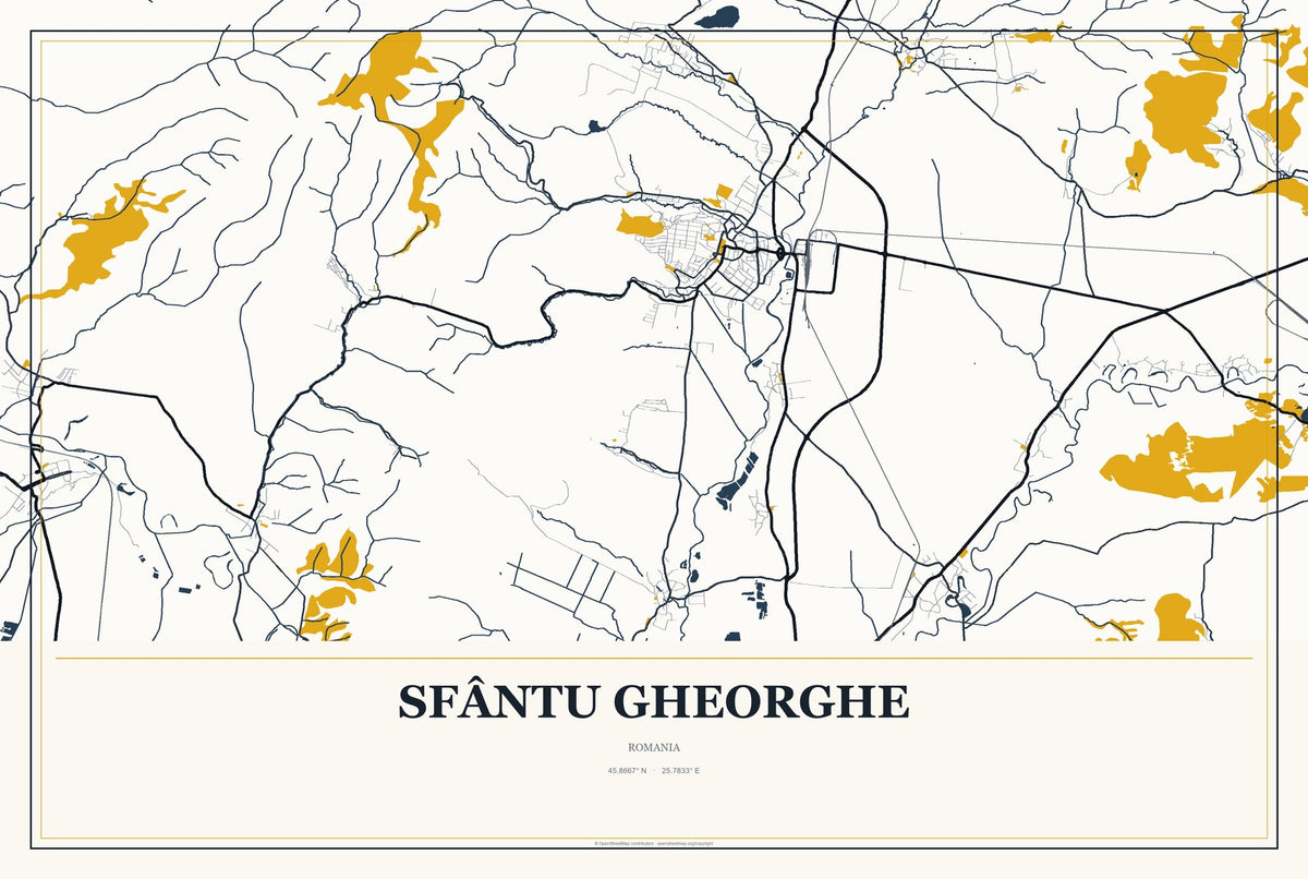 Sfântu Gheorghe, Romania City Map Aluminum Sign in Citrine Modern style