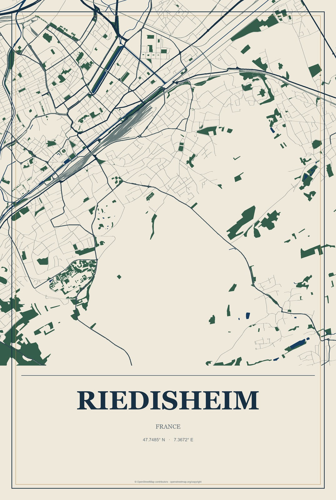 Riedisheim, France City Map Aluminum Sign in Coastal Cutout style
