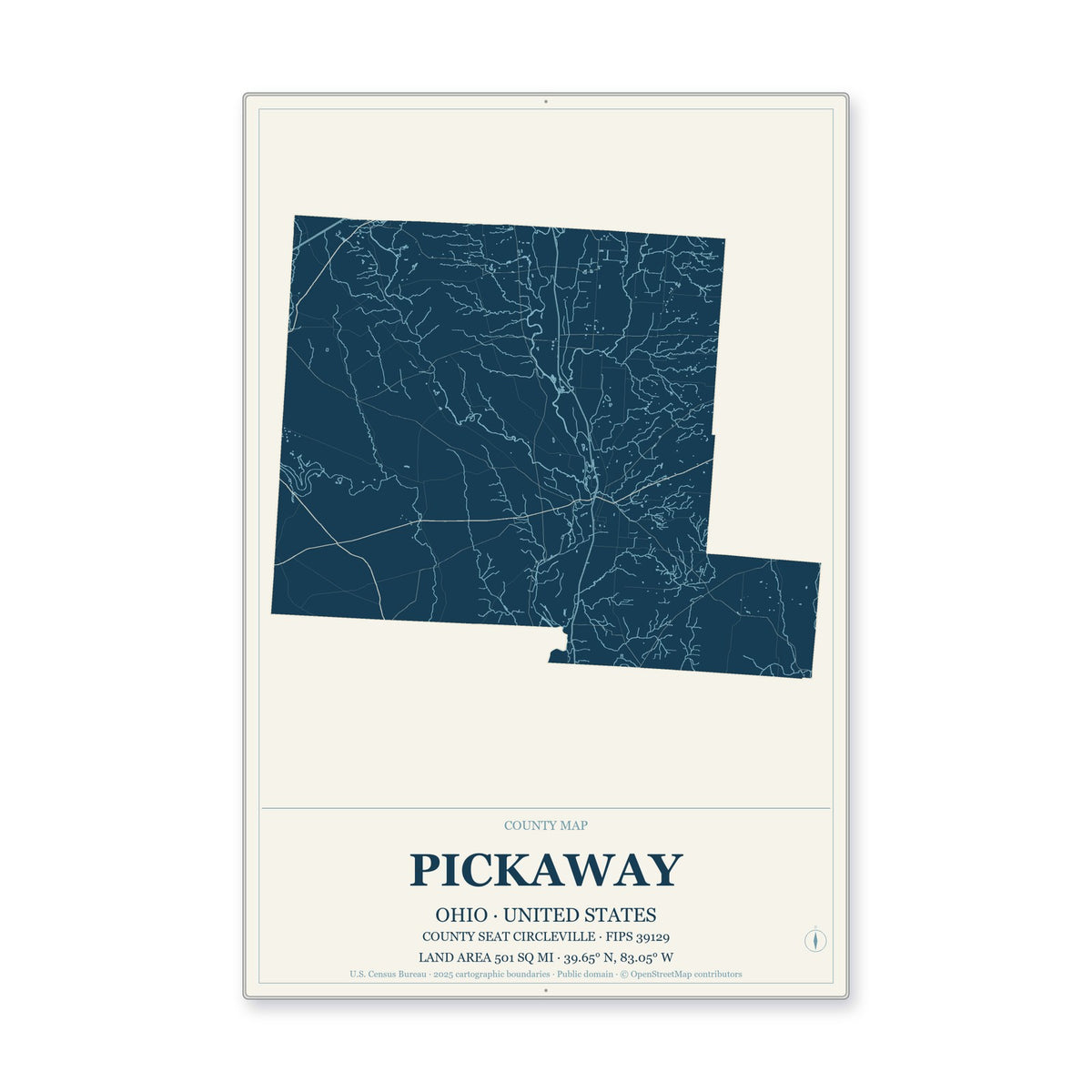 Pickaway County, Ohio Map Aluminum Sign in Coastal Cutout style