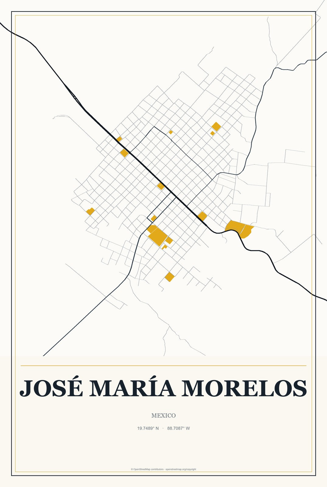 José María Morelos, Mexico City Map Aluminum Sign in Citrine Modern style