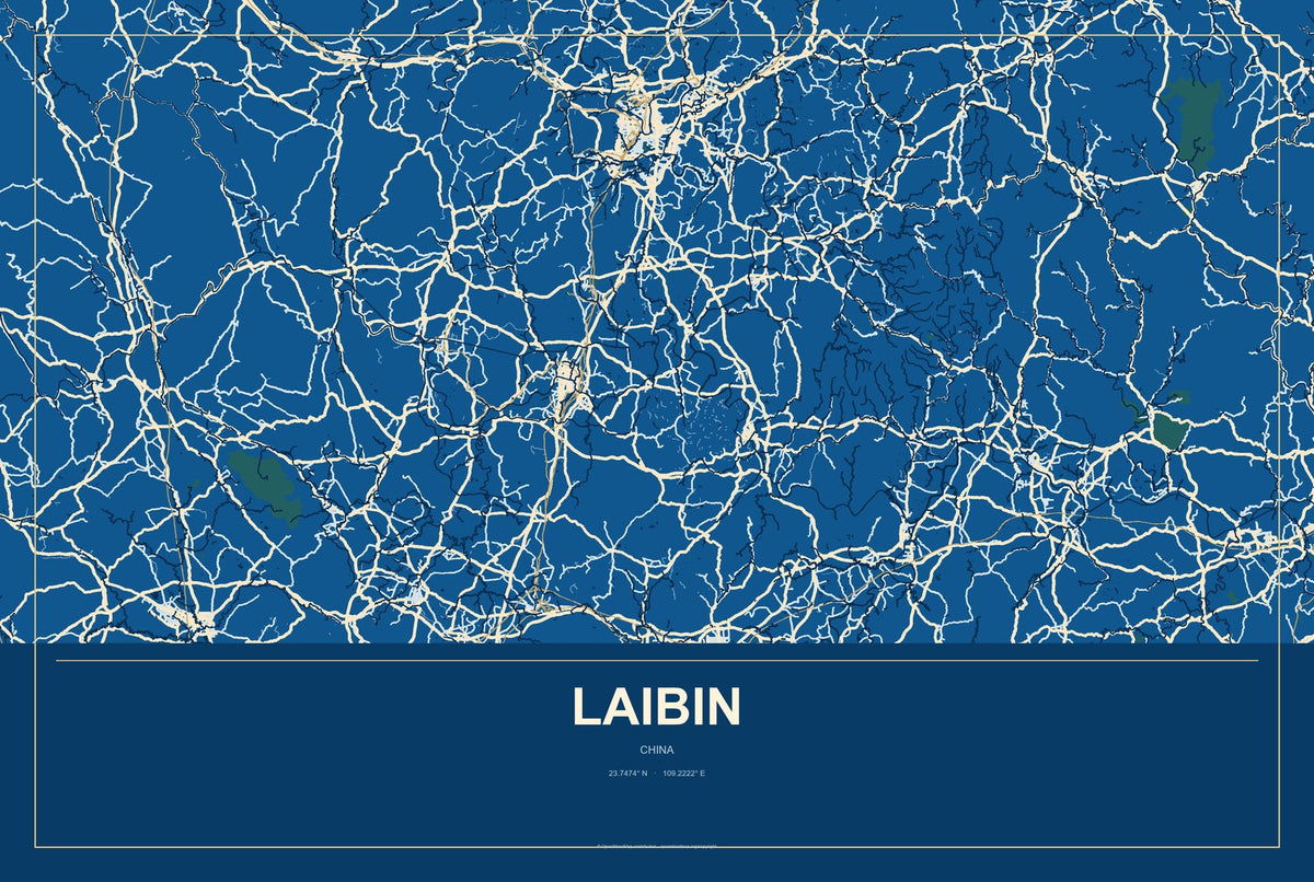 Laibin, China City Map Aluminum Sign in Harbor Cobalt style