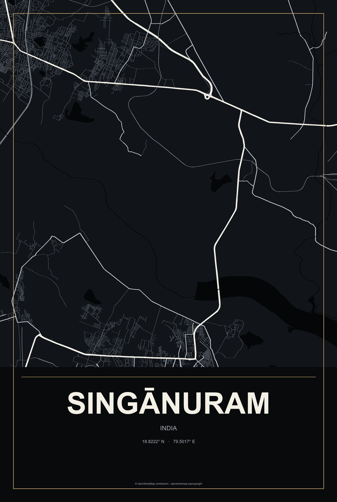 Singānuram, India City Map Aluminum Sign in Metropolitan Noir style
