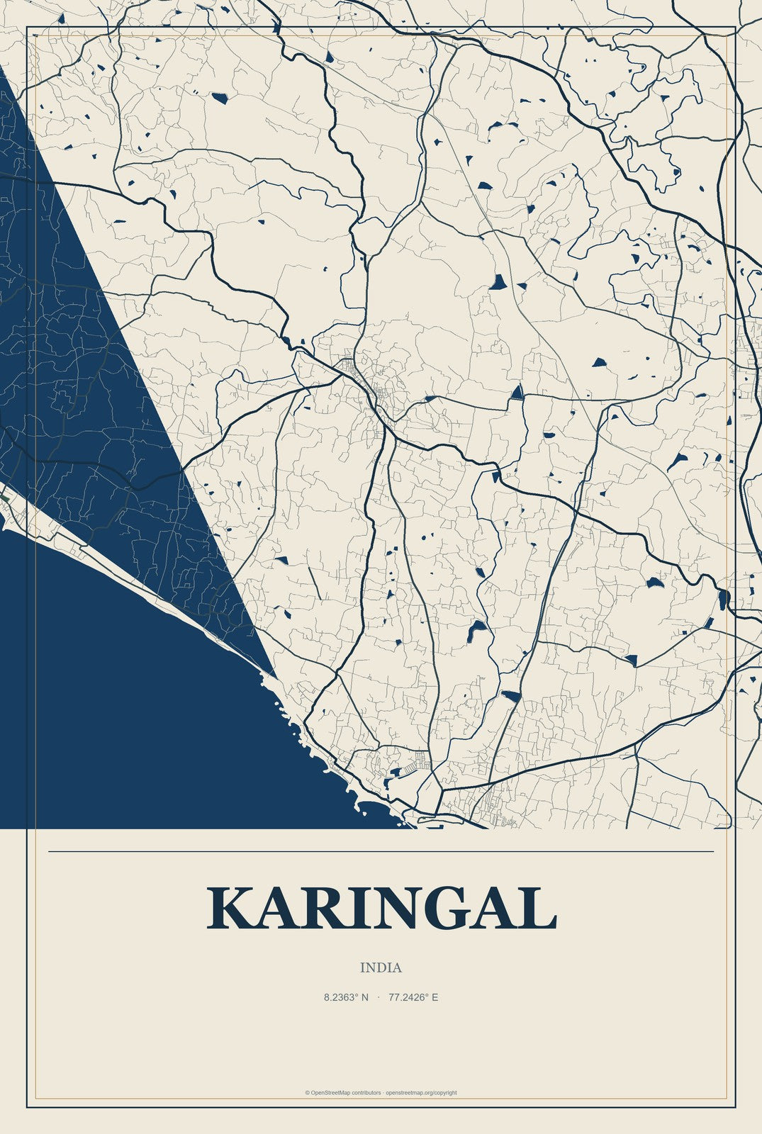 Karingal, India City Map Aluminum Sign in Coastal Cutout style