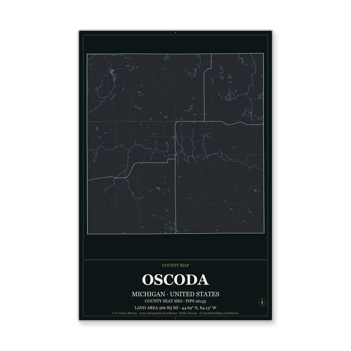 Oscoda County, Michigan Map Aluminum Sign in Metropolitan Noir style