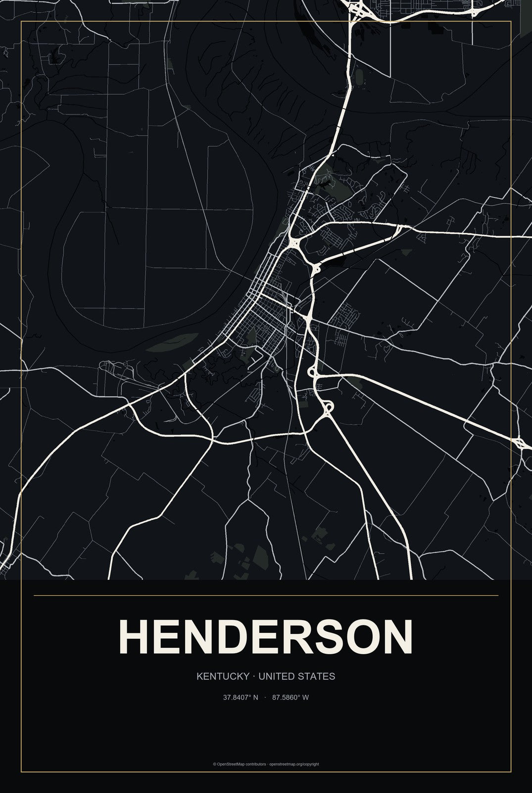 Henderson, Kentucky City Map Aluminum Sign in Metropolitan Noir style