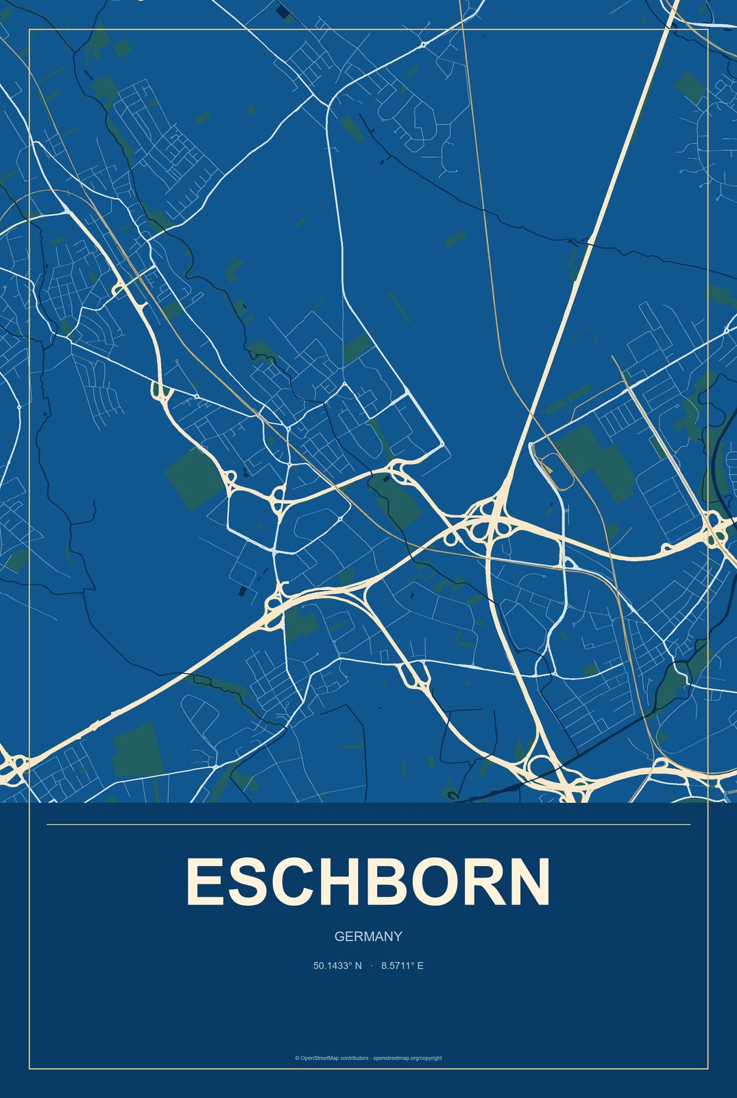 Eschborn, Germany City Map Aluminum Sign in Harbor Cobalt style