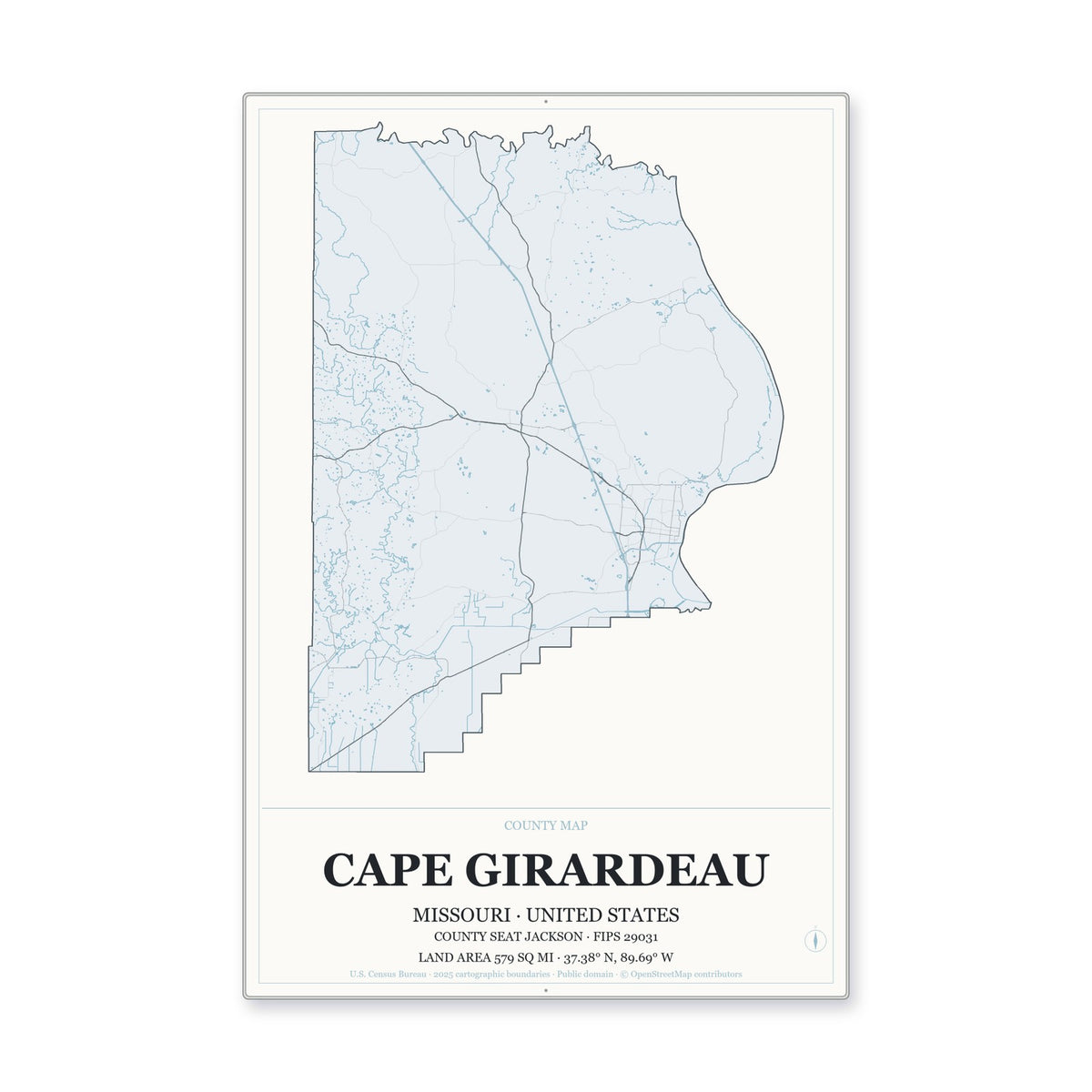 Cape Girardeau County, Missouri Map Aluminum Sign in Gallery Air style