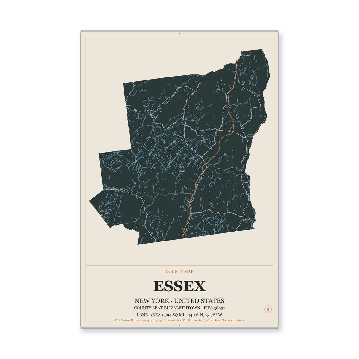 Essex County, New York Map Aluminum Sign in Headline Atlas style