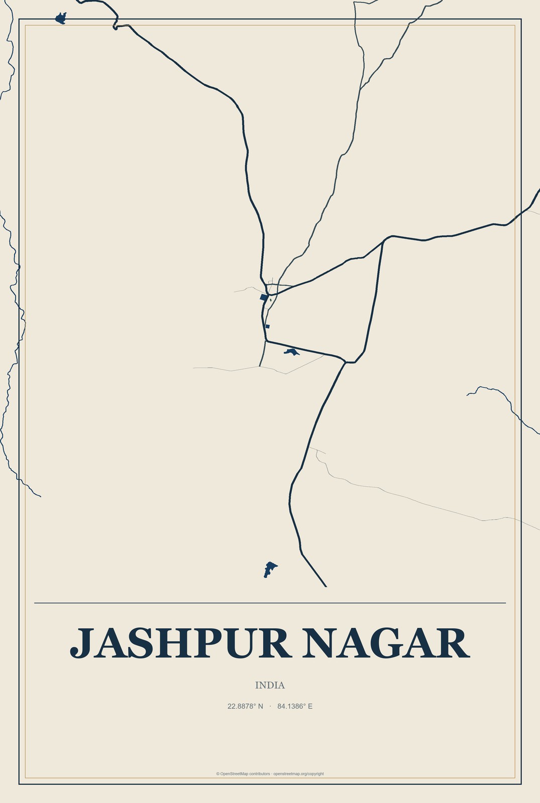 Jashpur Nagar, India City Map Aluminum Sign in Coastal Cutout style