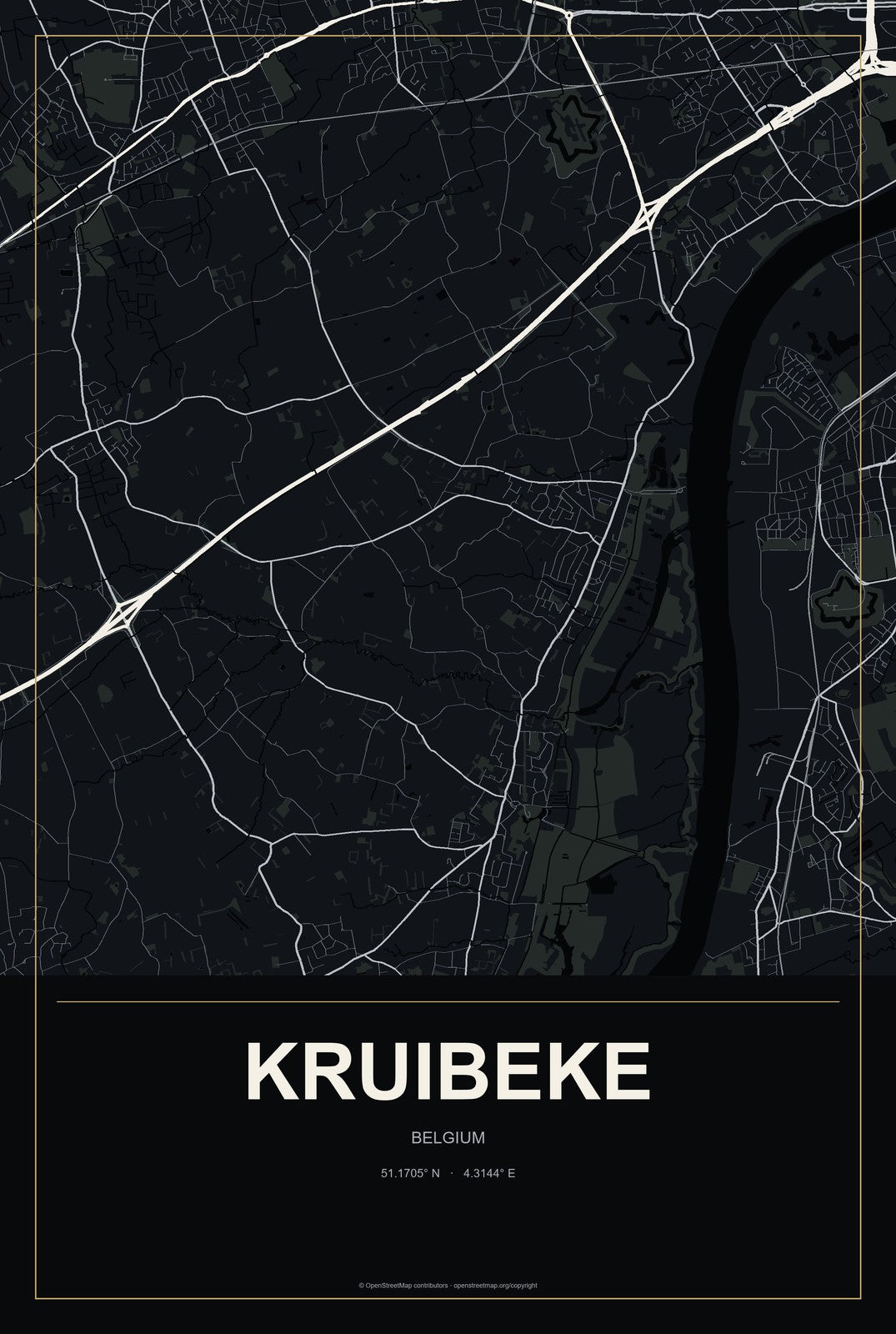 Kruibeke, Belgium City Map Aluminum Sign in Metropolitan Noir style