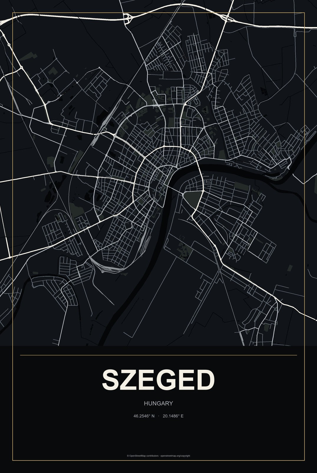 Szeged, Hungary City Map Aluminum Sign in Metropolitan Noir style