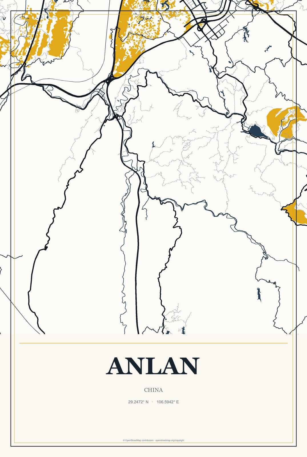 Anlan, China City Map Aluminum Sign in Citrine Modern style